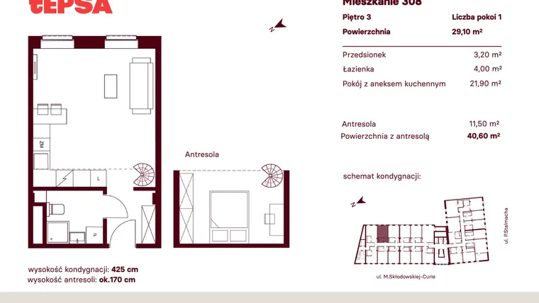 Rzut - Mieszkanie na sprzedaż 1 pokój o powierzchni 29,1 m² - numer M308 w Tepsa Kato