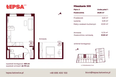 Rzut - Mieszkanie na sprzedaż 1 pokój o powierzchni 29,8 m² - numer M309 w Tepsa Kato