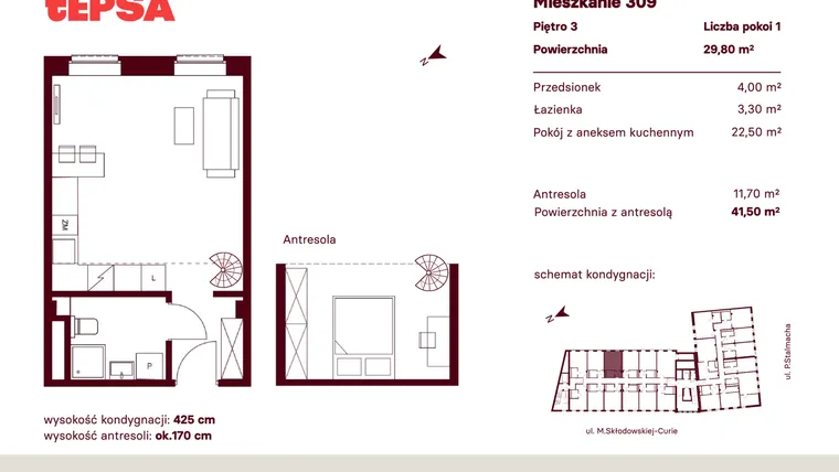 Rzut - Mieszkanie na sprzedaż 1 pokój o powierzchni 29,8 m² - numer M309 w Tepsa Kato