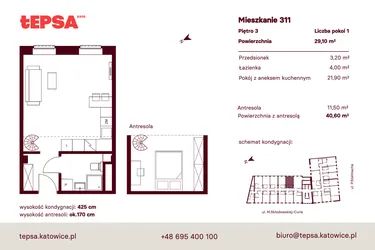 Rzut - Mieszkanie na sprzedaż 1 pokój o powierzchni 29,1 m² - numer M311 w Tepsa Kato