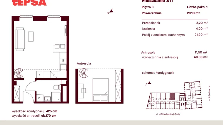 Rzut - Mieszkanie na sprzedaż 1 pokój o powierzchni 29,1 m² - numer M311 w Tepsa Kato