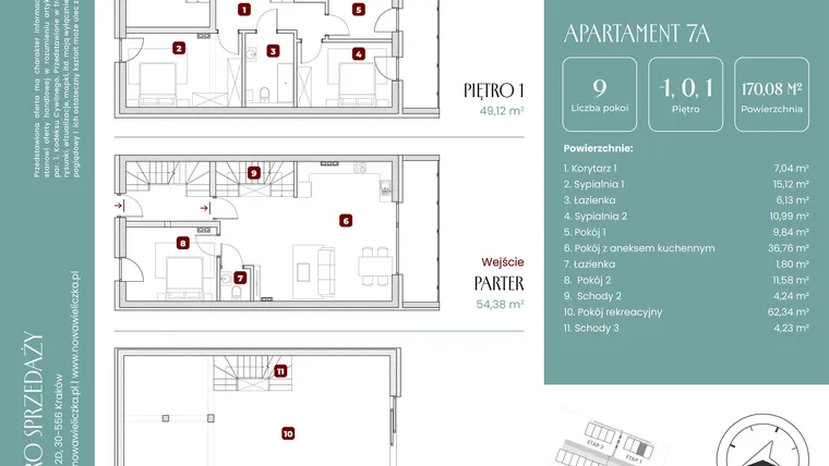 Rzut - Mieszkanie na sprzedaż 9 pokoi o powierzchni 170,08 m² - numer 7A w Nowa Wieliczka