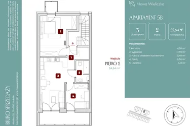Rzut - Mieszkanie na sprzedaż 3 pokoje o powierzchni 55,69 m² - numer 5B w Nowa Wieliczka