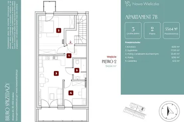 Rzut - Mieszkanie na sprzedaż 3 pokoje o powierzchni 55,69 m² - numer 7B w Nowa Wieliczka