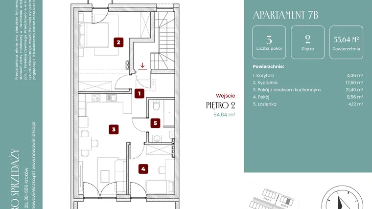 Rzut - Mieszkanie na sprzedaż 3 pokoje o powierzchni 55,69 m² - numer 7B w Nowa Wieliczka