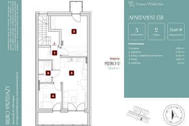 Rzut - Mieszkanie na sprzedaż 3 pokoje o powierzchni 55,69 m² - numer 13B w Nowa Wieliczka