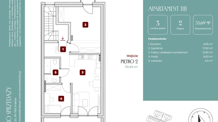 Rzut - Mieszkanie na sprzedaż 3 pokoje o powierzchni 55,69 m² - numer 11B w Nowa Wieliczka