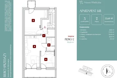 Rzut - Mieszkanie na sprzedaż 3 pokoje o powierzchni 55,69 m² - numer 14B w Nowa Wieliczka