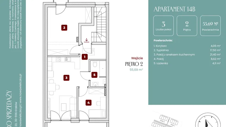 Rzut - Mieszkanie na sprzedaż 3 pokoje o powierzchni 55,69 m² - numer 14B w Nowa Wieliczka