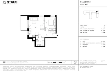 Rzut - Mieszkanie na sprzedaż 2 pokoje o powierzchni 47,79 m² - numer 7.A40 w Staszica 3