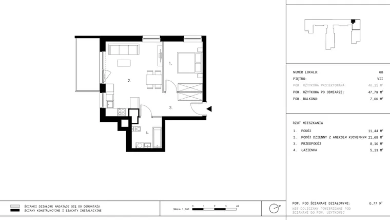 Rzut - Mieszkanie na sprzedaż 2 pokoje o powierzchni 47,79 m² - numer 7.A40 w Staszica 3