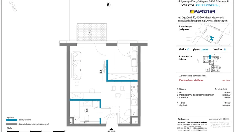 Rzut - Mieszkanie na sprzedaż 1 pokój o powierzchni 38,13 m² - numer 8 w Daszyńskiego Square etap 2