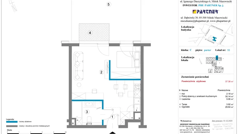 Rzut - Mieszkanie na sprzedaż 1 pokój o powierzchni 37,38 m² - numer 10 w Daszyńskiego Square etap 2