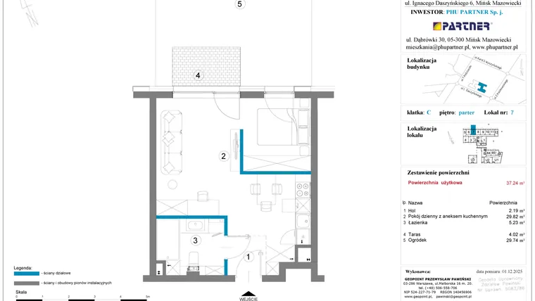 Rzut - Mieszkanie na sprzedaż 1 pokój o powierzchni 37,24 m² - numer 7 w Daszyńskiego Square etap 2