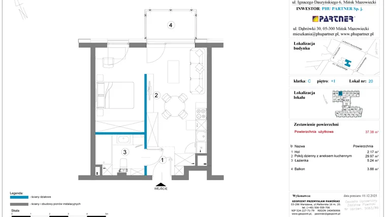 Rzut - Mieszkanie na sprzedaż 1 pokój o powierzchni 37,38 m² - numer 20 w Daszyńskiego Square etap 2