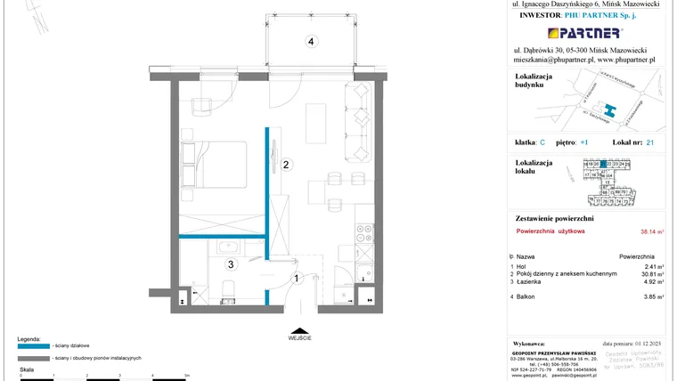 Rzut - Mieszkanie na sprzedaż 1 pokój o powierzchni 38,14 m² - numer 21 w Daszyńskiego Square etap 2