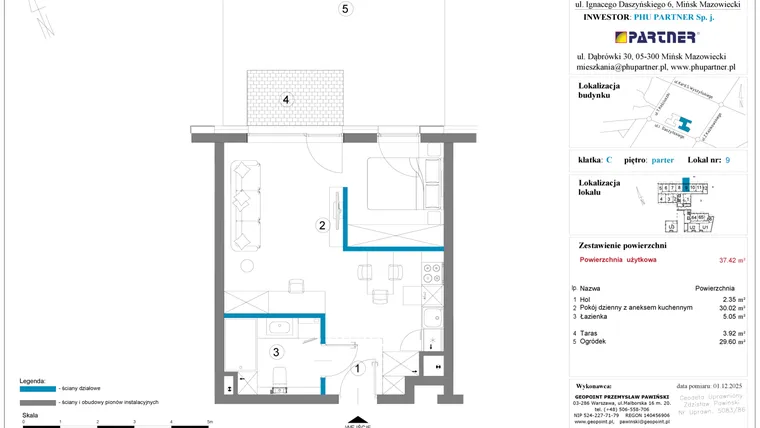 Rzut - Mieszkanie na sprzedaż 1 pokój o powierzchni 37,42 m² - numer 9 w Daszyńskiego Square etap 2