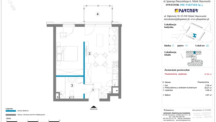 Rzut - Mieszkanie na sprzedaż 1 pokój o powierzchni 37,63 m² - numer 22 w Daszyńskiego Square etap 2