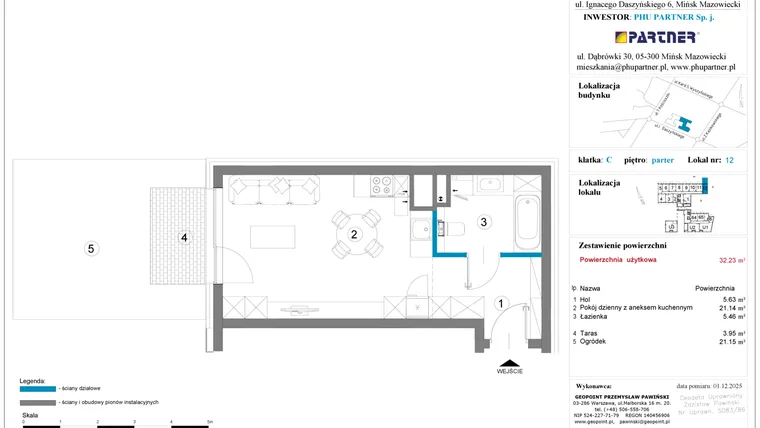 Rzut - Mieszkanie na sprzedaż 1 pokój o powierzchni 32,23 m² - numer 12 w Daszyńskiego Square etap 2