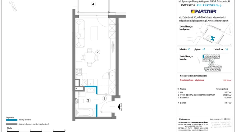 Rzut - Mieszkanie na sprzedaż 1 pokój o powierzchni 28,16 m² - numer 31 w Daszyńskiego Square etap 2