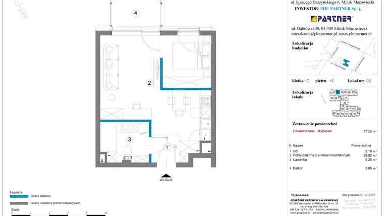 Rzut - Mieszkanie na sprzedaż 1 pokój o powierzchni 37,26 m² - numer 33 w Daszyńskiego Square etap 2