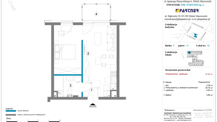 Rzut - Mieszkanie na sprzedaż 1 pokój o powierzchni 37,95 m² - numer 19 w Daszyńskiego Square etap 2
