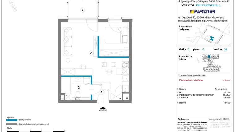Rzut - Mieszkanie na sprzedaż 1 pokój o powierzchni 37,98 m² - numer 34 w Daszyńskiego Square etap 2