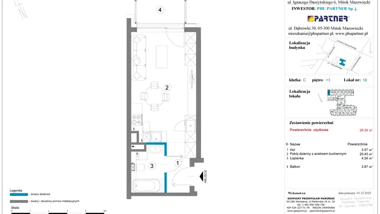 Rzut - Mieszkanie na sprzedaż 1 pokój o powierzchni 28,24 m² - numer 18 w Daszyńskiego Square etap 2