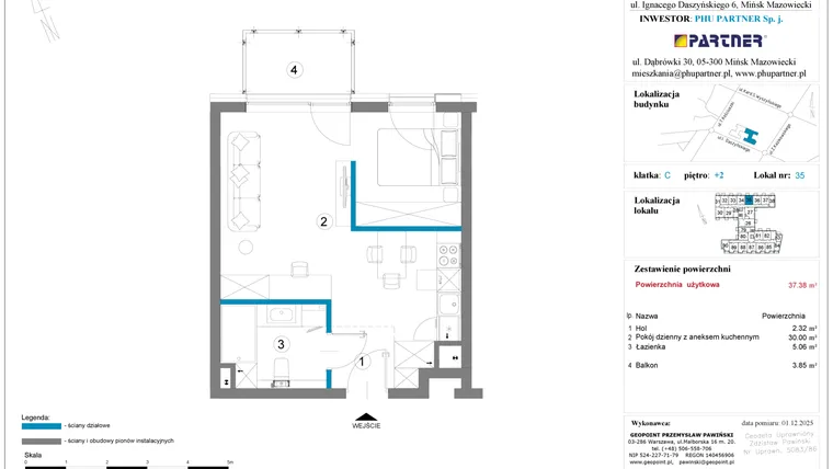 Rzut - Mieszkanie na sprzedaż 1 pokój o powierzchni 37,38 m² - numer 35 w Daszyńskiego Square etap 2