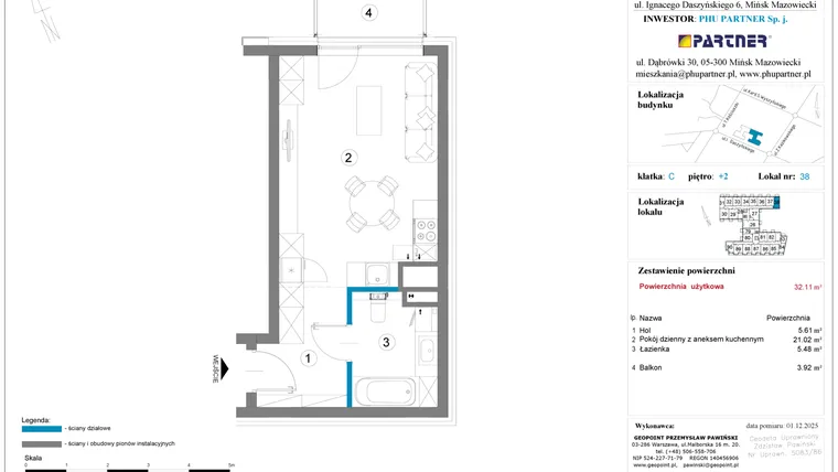 Rzut - Mieszkanie na sprzedaż 1 pokój o powierzchni 32,11 m² - numer 38 w Daszyńskiego Square etap 2