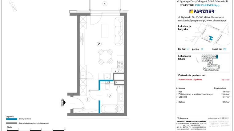 Rzut - Mieszkanie na sprzedaż 1 pokój o powierzchni 32,15 m² - numer 25 w Daszyńskiego Square etap 2