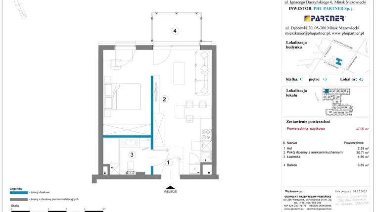 Rzut - Mieszkanie na sprzedaż 1 pokój o powierzchni 37,96 m² - numer 45 w Daszyńskiego Square etap 2