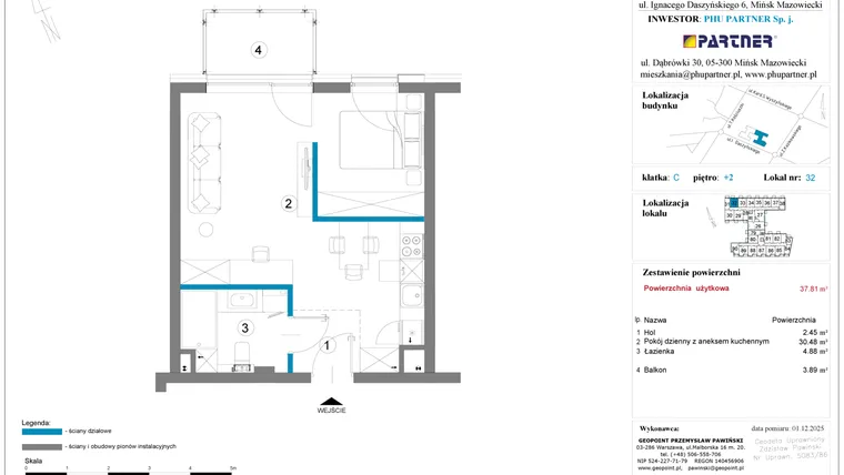 Rzut - Mieszkanie na sprzedaż 1 pokój o powierzchni 37,81 m² - numer 32 w Daszyńskiego Square etap 2
