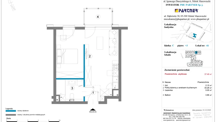 Rzut - Mieszkanie na sprzedaż 1 pokój o powierzchni 37,48 m² - numer 49 w Daszyńskiego Square etap 2