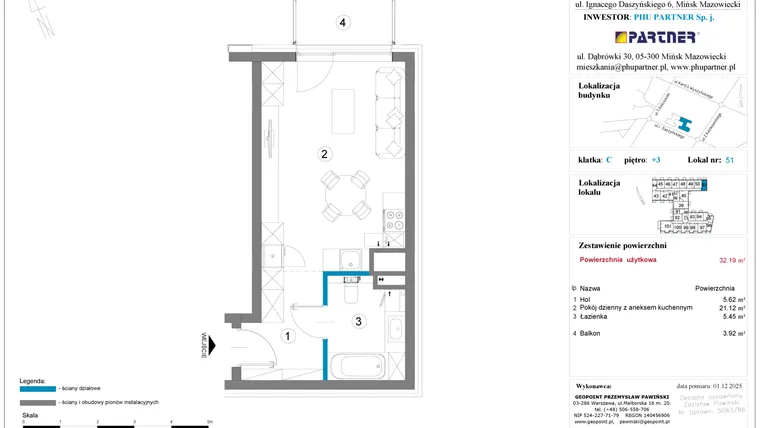 Rzut - Mieszkanie na sprzedaż 1 pokój o powierzchni 32,19 m² - numer 51 w Daszyńskiego Square etap 2