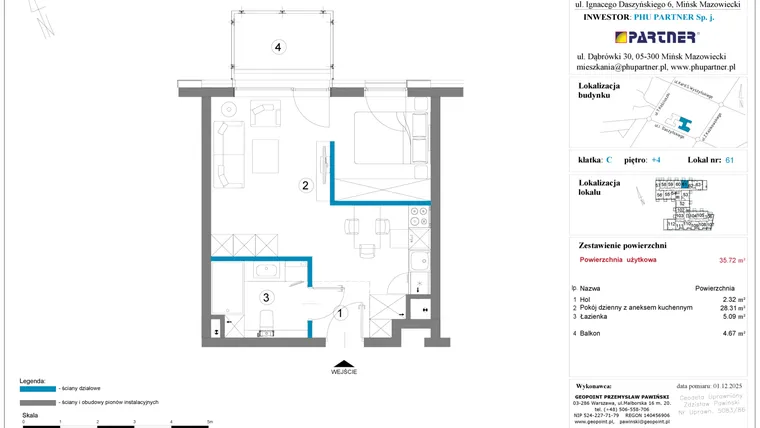 Rzut - Mieszkanie na sprzedaż 1 pokój o powierzchni 35,72 m² - numer 61 w Daszyńskiego Square etap 2