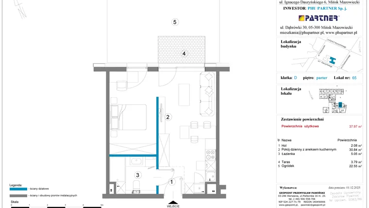 Rzut - Mieszkanie na sprzedaż 1 pokój o powierzchni 37,97 m² - numer 65 w Daszyńskiego Square etap 2