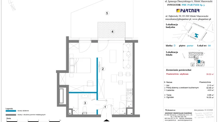 Rzut - Mieszkanie na sprzedaż 1 pokój o powierzchni 39,52 m² - numer 64 w Daszyńskiego Square etap 2