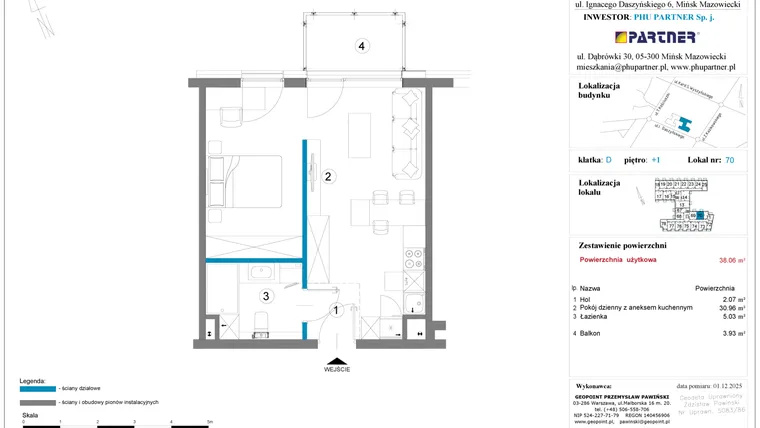 Rzut - Mieszkanie na sprzedaż 1 pokój o powierzchni 38,06 m² - numer 70 w Daszyńskiego Square etap 2