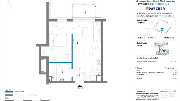 Rzut - Mieszkanie na sprzedaż 1 pokój o powierzchni 39,33 m² - numer 81 w Daszyńskiego Square etap 2