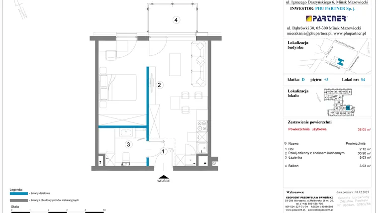 Rzut - Mieszkanie na sprzedaż 1 pokój o powierzchni 38,05 m² - numer 94 w Daszyńskiego Square etap 2