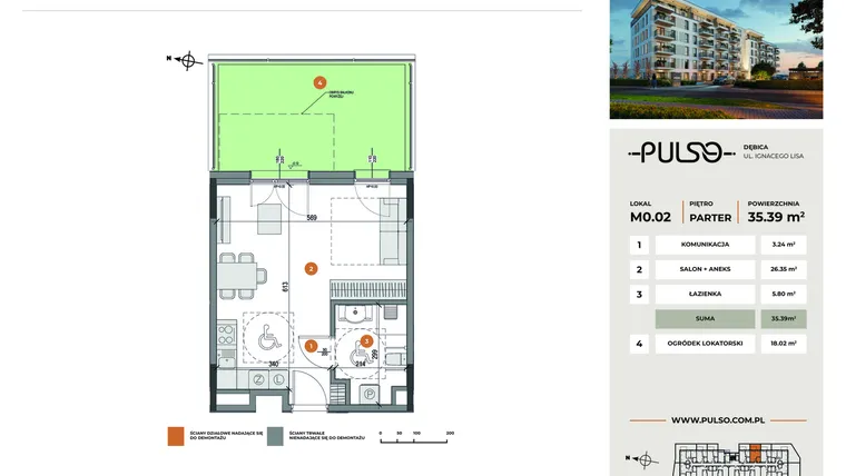 Rzut - Mieszkanie na sprzedaż 1 pokój o powierzchni 35,39 m² - numer M0.02 w Pulso