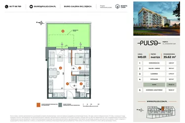 Rzut - Mieszkanie na sprzedaż 2 pokoje o powierzchni 35,62 m² - numer M0.01 w Pulso