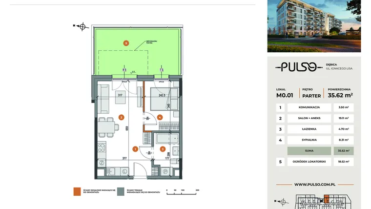 Rzut - Mieszkanie na sprzedaż 2 pokoje o powierzchni 35,62 m² - numer M0.01 w Pulso