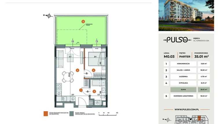 Rzut - Mieszkanie na sprzedaż 2 pokoje o powierzchni 35,01 m² - numer M0.03 w Pulso