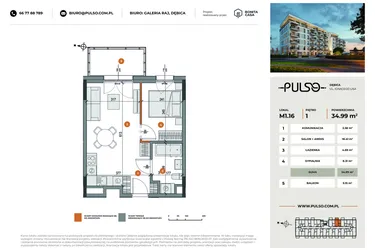 Rzut - Mieszkanie na sprzedaż 2 pokoje o powierzchni 34,99 m² - numer M1.16 w Pulso