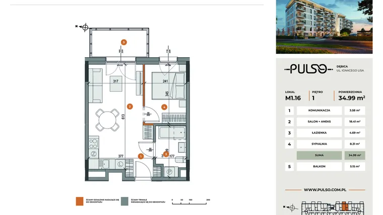 Rzut - Mieszkanie na sprzedaż 2 pokoje o powierzchni 34,99 m² - numer M1.16 w Pulso