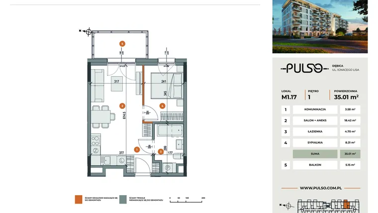 Rzut - Mieszkanie na sprzedaż 2 pokoje o powierzchni 35,01 m² - numer M1.17 w Pulso