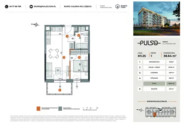 Rzut - Mieszkanie na sprzedaż 2 pokoje o powierzchni 38,64 m² - numer M1.25 w Pulso