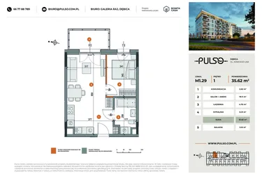 Rzut - Mieszkanie na sprzedaż 2 pokoje o powierzchni 35,62 m² - numer M1.29 w Pulso